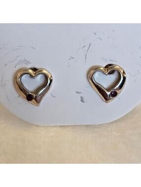Sterling Silver 925 Heart Earrings With Small Red Stones